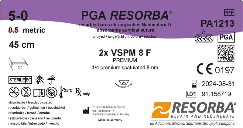 ПГА Ресорба USP5-0 незабарв. 45см, дві звор-ріж шпат голки преміум 8мм, 1/4кола